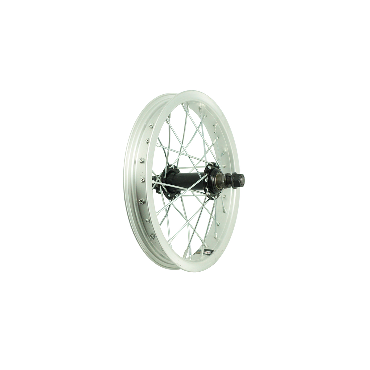 Колесо 12 переднее, обод одинарный алюм. б/пист., втулка стальная, на гайках, чр.