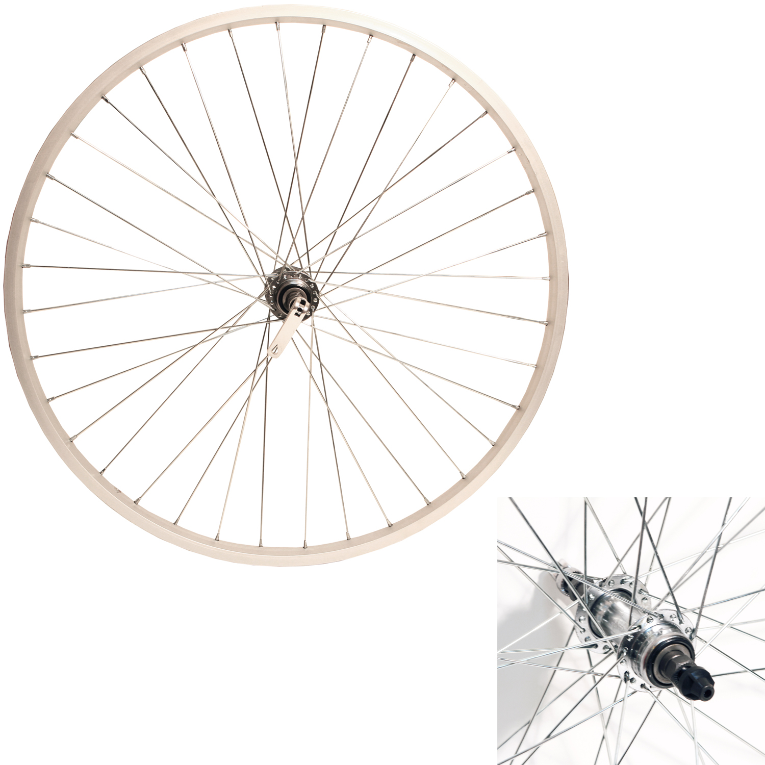 Колесо 26 заднее, обод одинарный алюм. б/пист. серебр., втулка стальная, эксцентрик, серебр.