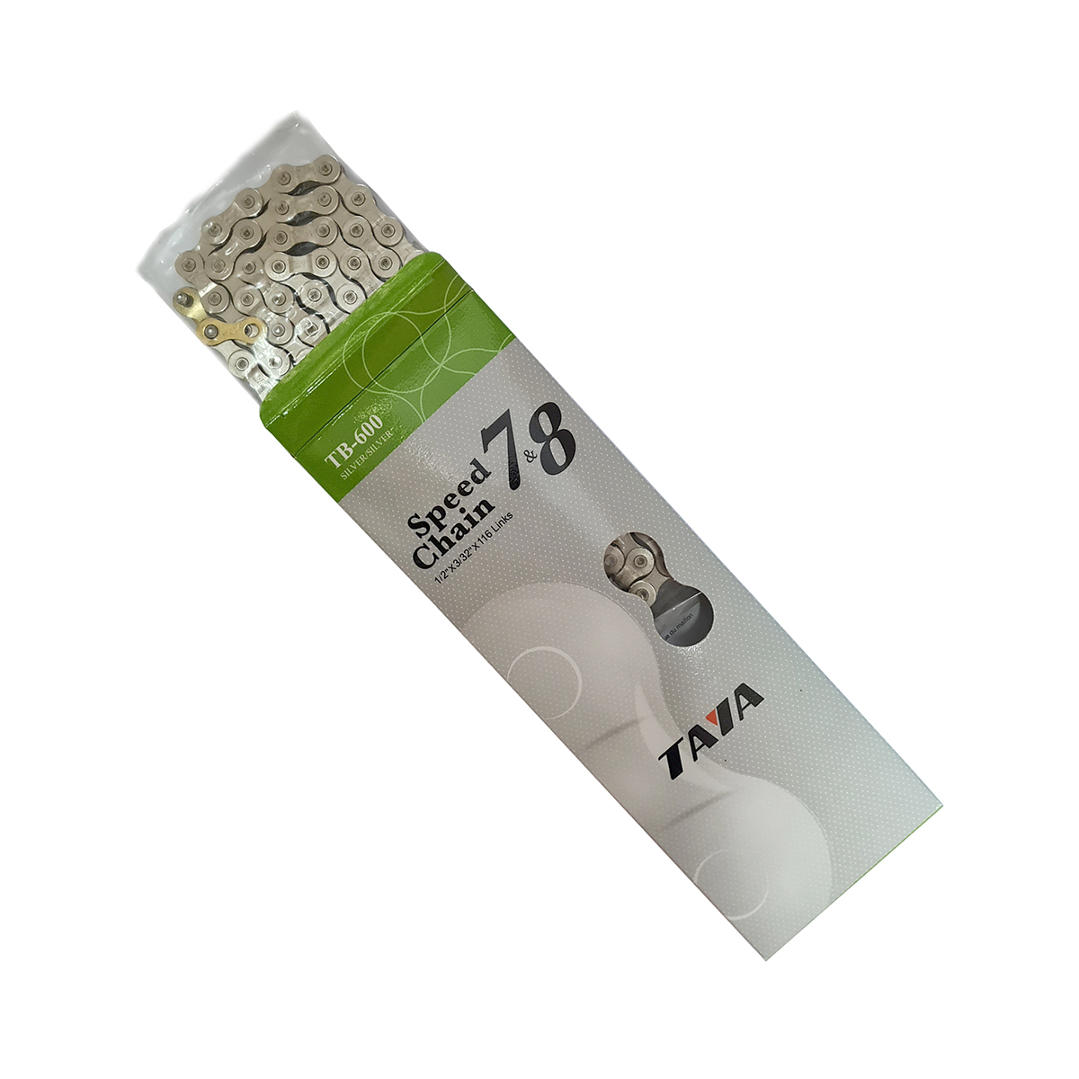 Цепь TAYA TB600, 8 ск., 1/2X3/32Х116L, серебристая, с соед.звеном, в торг.уп.